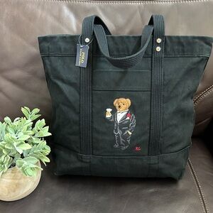 🐻Polo Ralph Lauren Black Distressed Canvas Polo Bear Embroidered Tote Bag. NWT